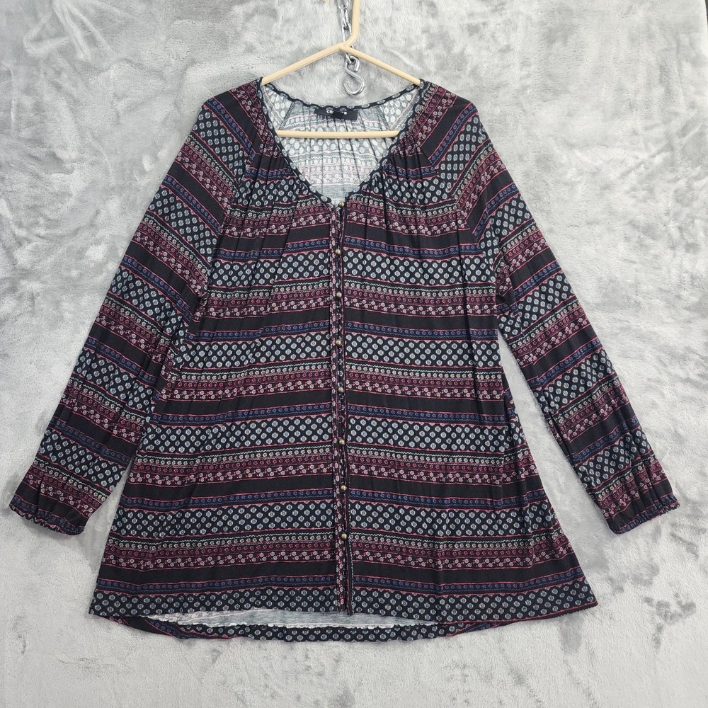 Chelsea Studio Top Womens 18/20 Black Boho Stripe Button Front Tunic Long Sleeve